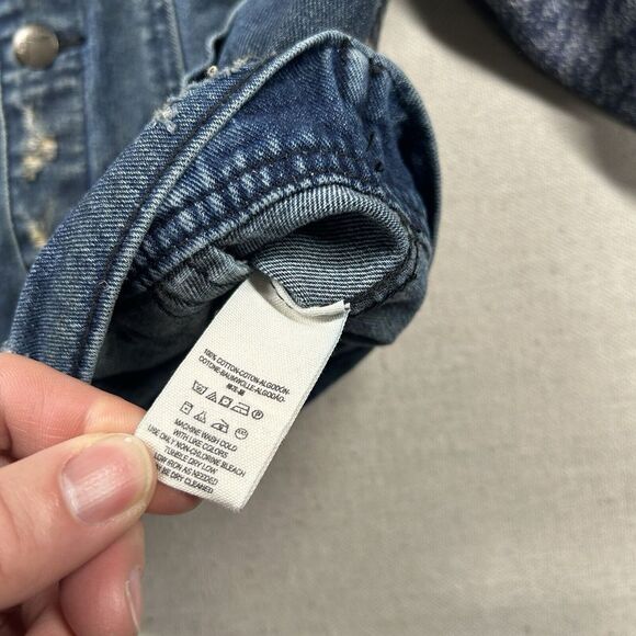 Free People Denim Jacket Womens M‎ Hoodie Knit Sleeves Distressed Trucker - Picture 4 of 8